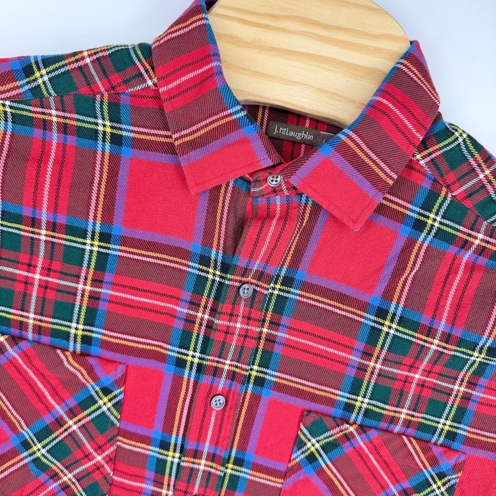 J.McLaughlin Button Up LS Shirt L Red Tartan Plaid Cotton Flannel Holiday Photos